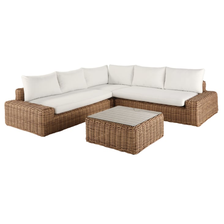 Maisons du Monde Cerrado - Conjunto de muebles de jardín de 5 plazas de imitación de ratán tejido de resina reciclada con cojines de poliéster reciclado de color blanco hueso 2025