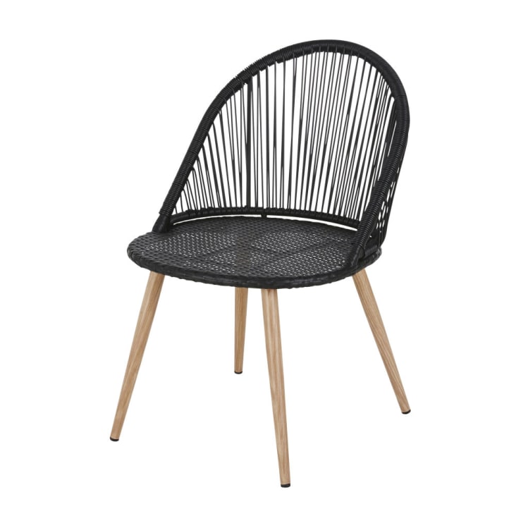 Maisons du Monde Isabel - Silla de jardín resina trenzada negra metal imitación madera Últimos 2 días