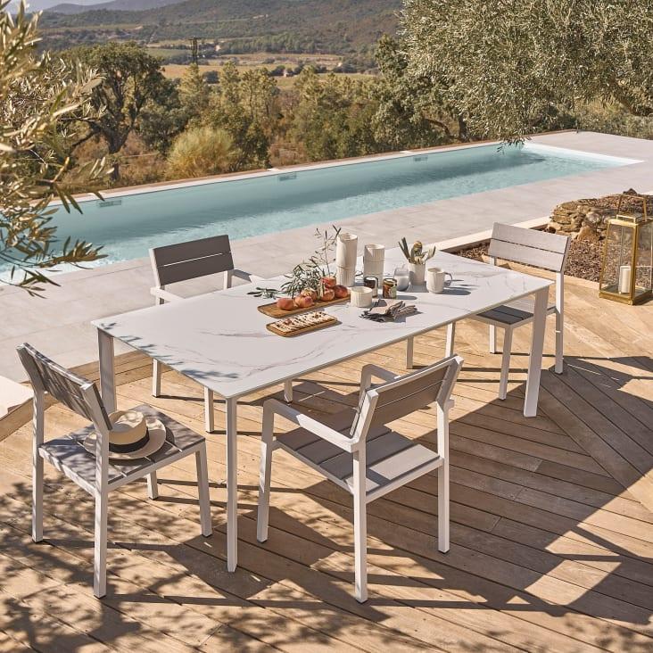 Maisons du Monde Lisabel - Mesa de exterior de aluminio y cristal blanco efecto mármol para 8 personas Libre de impuestos