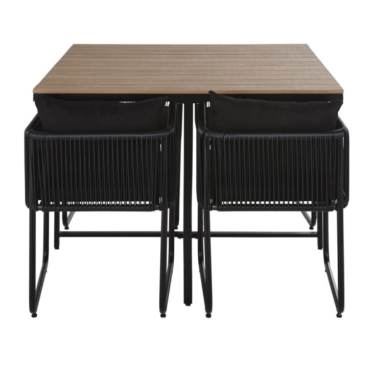 Maisons du Monde Swann - Mesa de jardín de composite de imitación à teca para 4 personas L. 110 y sillones (x4) de resina negra Oferta exclusiva