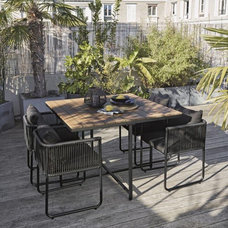 Maisons du Monde Swann - Mesa de jardín de composite de imitación à teca para 4 personas L. 110 y sillones (x4) de resina negra Oferta exclusiva