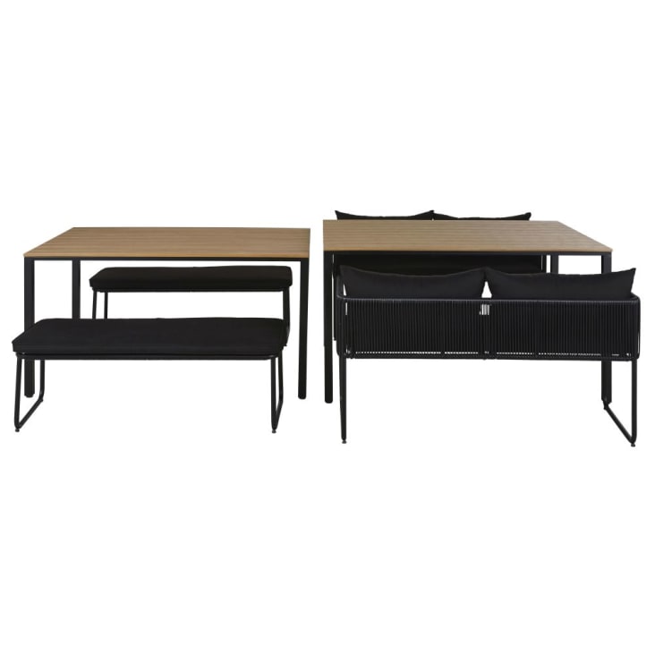 Maisons du Monde Swann - Mesas para 4 personas (x2) en compuesto efecto teca y bancos (x4) de resina negra