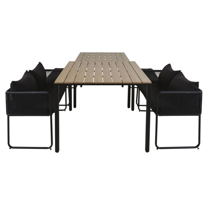Maisons du Monde Swann - Mesas para 4 personas (x2) en compuesto efecto teca y bancos (x4) de resina negra Descuento por venta flash