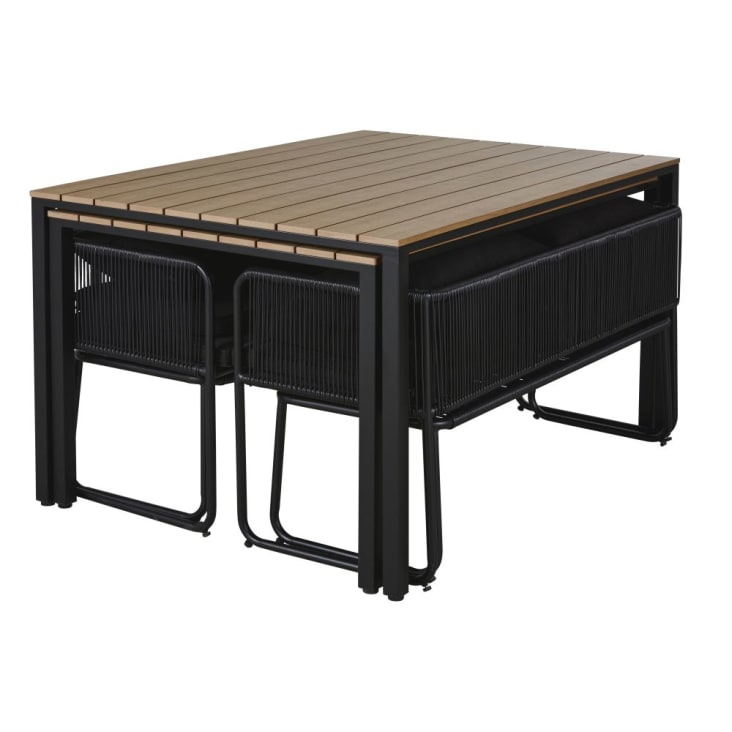 Maisons du Monde Swann - Mesas para 4 personas (x2) en compuesto efecto teca y bancos (x4) de resina negra Descuento por venta flash