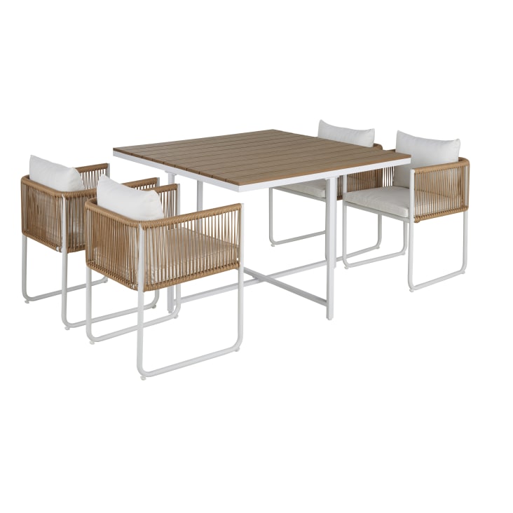 Maisons du Monde Swann - Mesa de jardín de compuesto efecto teca para 4 personas. L. 110 y sillones encajables (x4) de resina reciclada efecto mimbre Ofertas de temporada