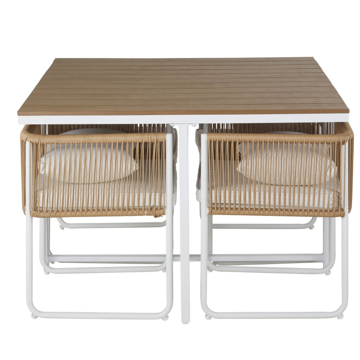 Maisons du Monde Swann - Mesa de jardín de compuesto efecto teca para 4 personas. L. 110 y sillones encajables (x4) de resina reciclada efecto mimbre Ofertas de temporada