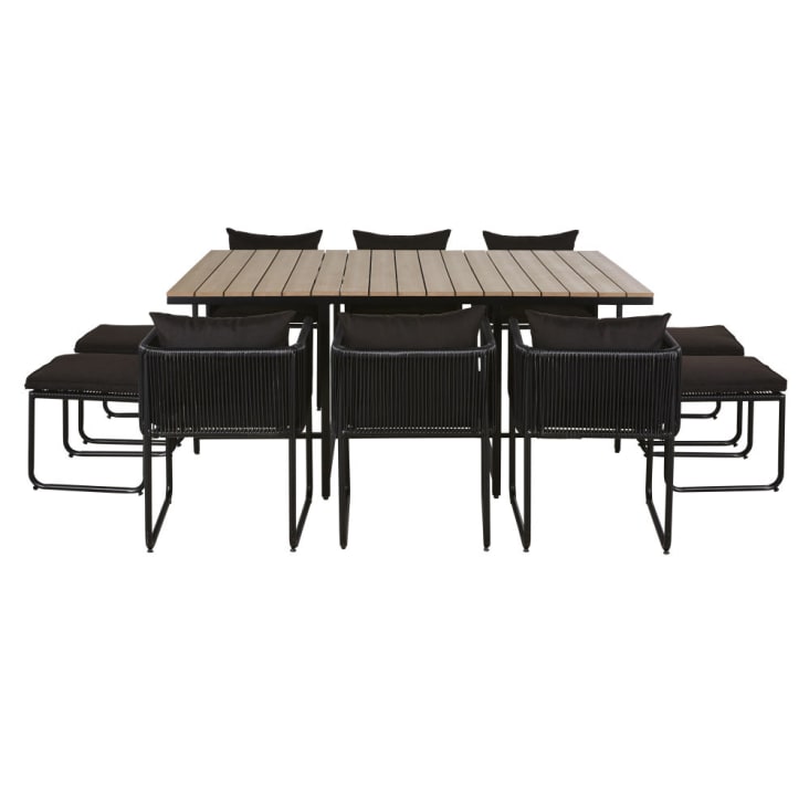 Maisons du Monde Swann - Mesa de jardín de material compuesto efecto teca para 6/10 personas L. 170 con sillones (x6) y taburetes (x4) de resina negra