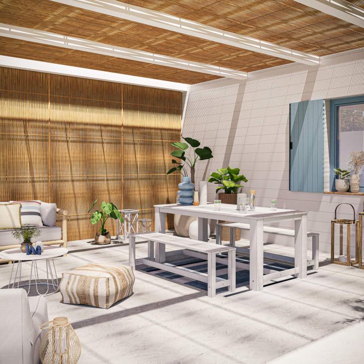 Maisons du Monde Bréhat - Mesa + 2bancos de jardín de madera blanca L. 180cm Precio ultrabajo