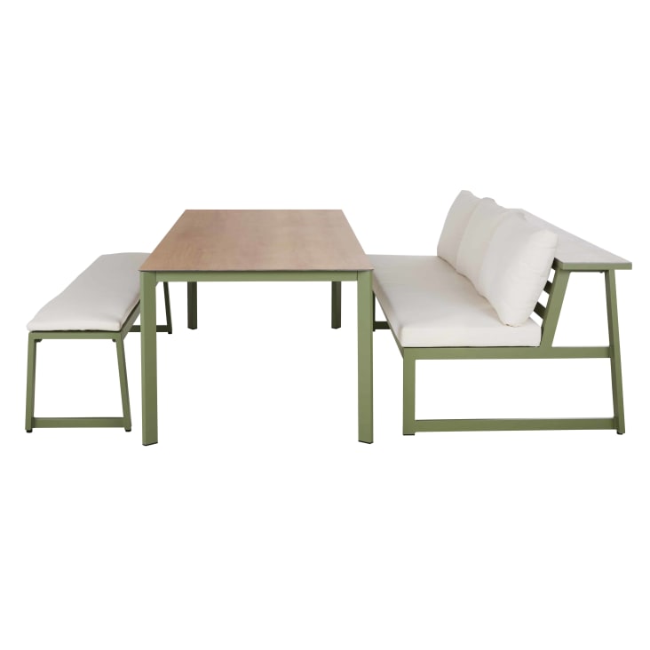 Maisons du Monde Jaden - Conjunto de banco de exterior de aluminio verde caqui y cojines color crudo 1 banco y 1 mesa
