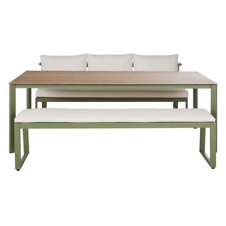 Maisons du Monde Jaden - Conjunto de banco de exterior de aluminio verde caqui y cojines color crudo 1 banco y 1 mesa En línea