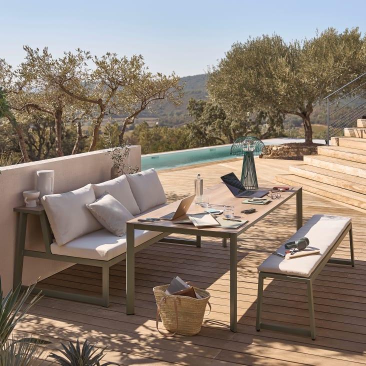 Maisons du Monde Jaden - Conjunto de banco de exterior de aluminio verde caqui y cojines color crudo 1 banco y 1 mesa En línea
