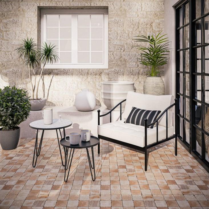 Maisons du Monde Marignane - Sillón de jardín de acero negro y cojines color blanco roto Venta caliente