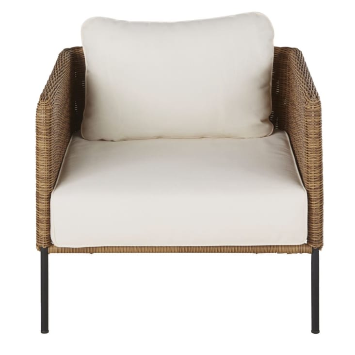 Maisons du Monde Joran - Sillón de jardín de resina trenzada efecto ratán con cojines color crudo Promoción por tiempo limitado