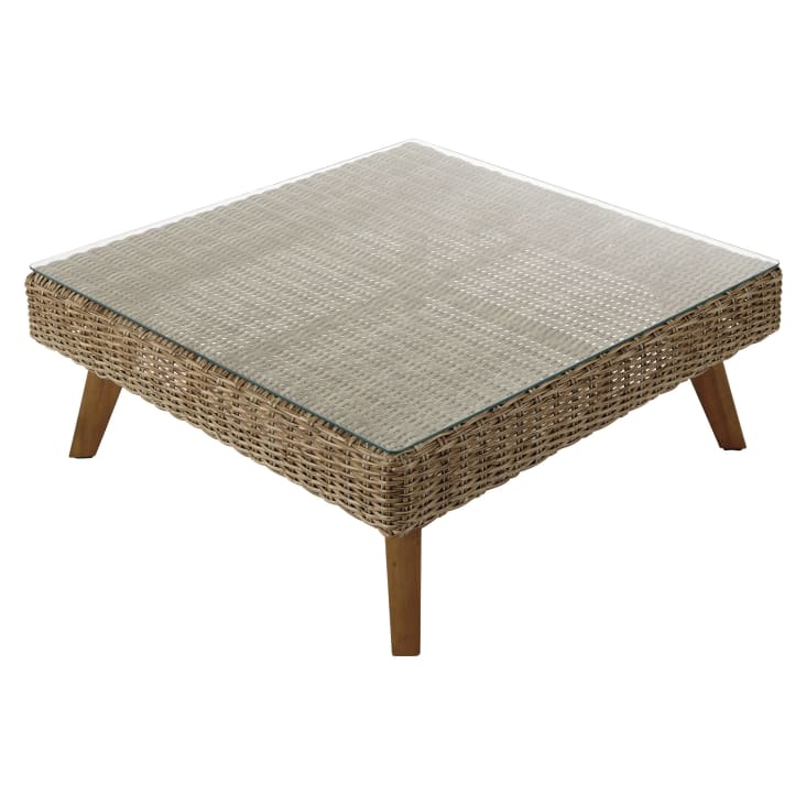 Maisons du Monde Feroe - Mesa baja de jardín de vidrio templado y resina trenzada L. 80cm Rebajas online
