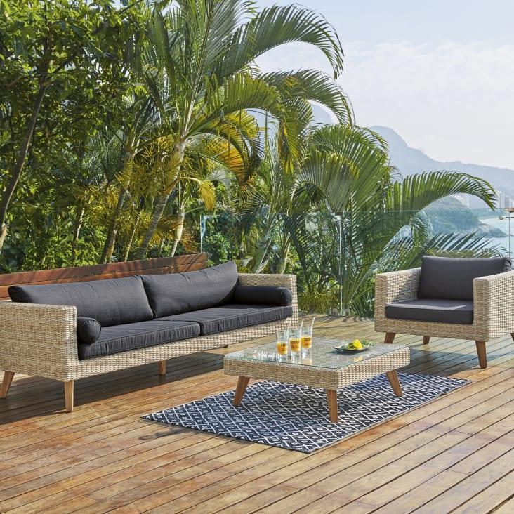Maisons du Monde Feroe - Mesa baja de jardín de vidrio templado y resina trenzada L. 80cm Rebajas online