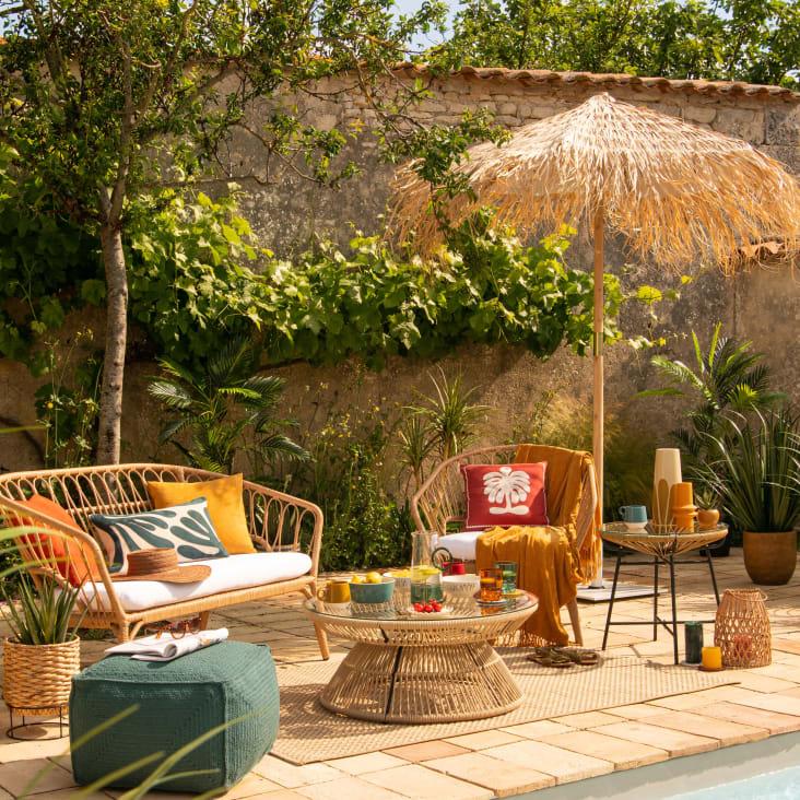 Maisons du Monde Figuera - Mesa baja de jardín redonda de cuerda beige y cristal Rebajas top