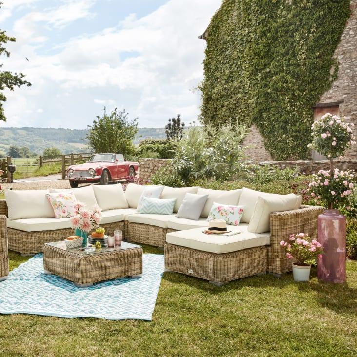 Maisons du Monde St Raphaël - Mesa baja de jardín de vidrio templado y resina trenzada reciclada Últimos 3 días