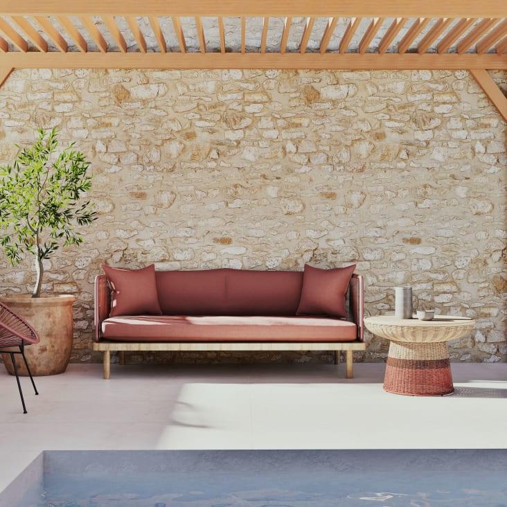 Maisons du Monde Bagoa - Mesita de café redonda para jardín de madera de teca y resina trenzada en coral y terracota D. 70 ÚLTIMAS EDICIONES