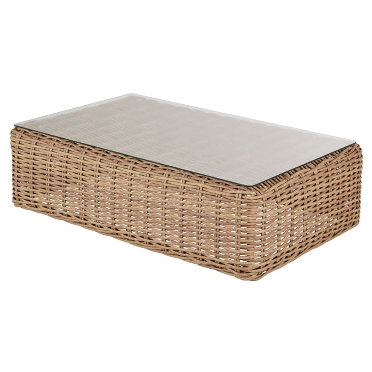 Maisons du Monde Cerrado - Mesa de centro de jardín de resina beige y vidrio templado de 119 cm Superdescuento