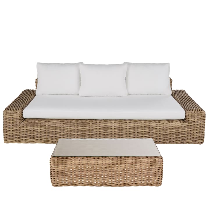 Maisons du Monde Cerrado - Mesa de centro de jardín de resina beige y vidrio templado de 119 cm Superdescuento