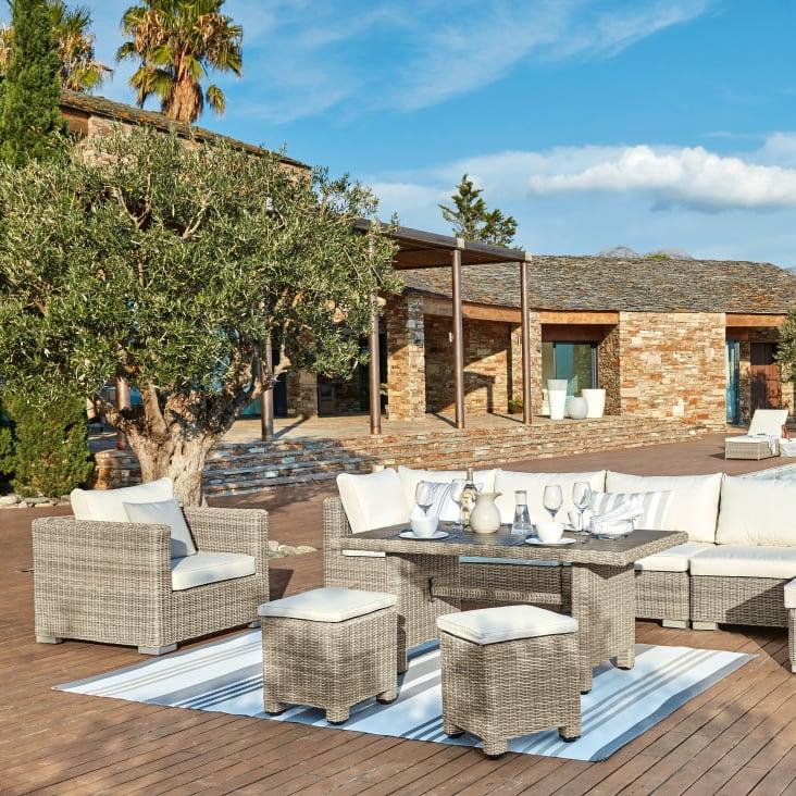Maisons du Monde Sardaigne - Ángulo para sofá modular de jardín de resina reciclada tejida de color beige y cojines de poliéster reciclado crudo Rebajas de fin de temporada