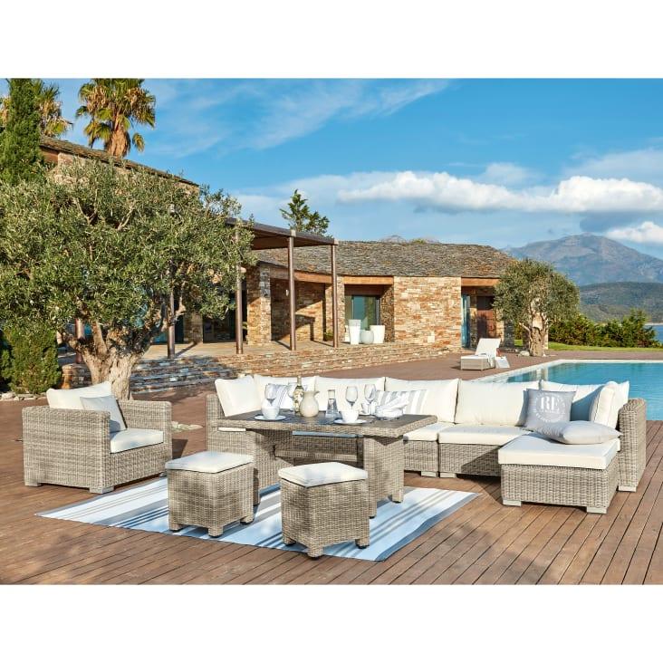 Maisons du Monde St Raphaël - Puff de jardín de resina tejida gris y poliéster reciclado crudo En oferta