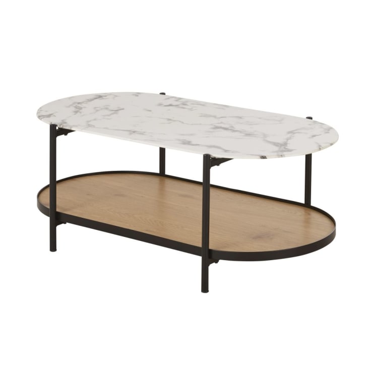 Maisons du Monde Stona - Mesa baja de vidrio templado imitación mármol y metal negro de 110 cm Solo hoy