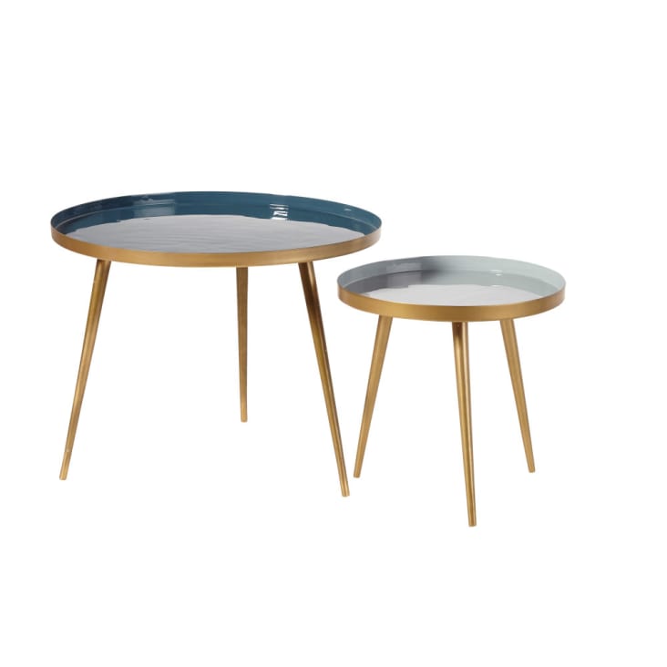 Maisons du Monde Avril - Mesas apilables de metal azul y dorado Promoción trimestral