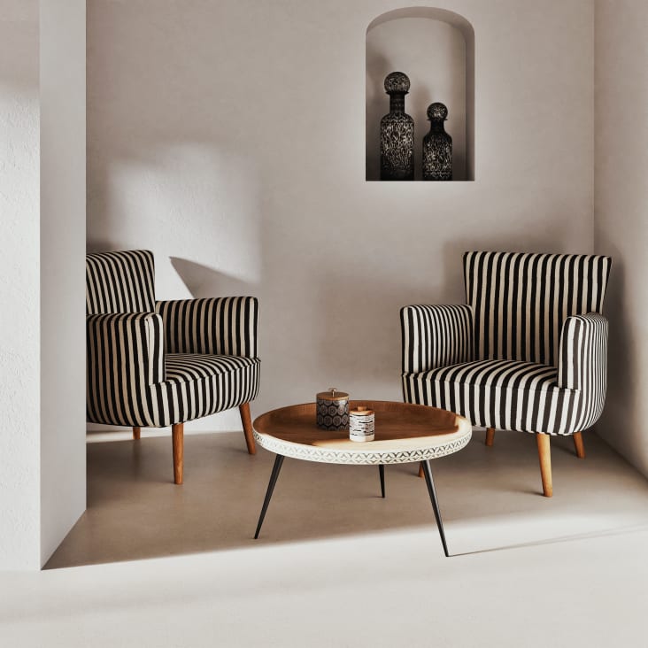 Maisons du Monde Krishna - Mesa baja redonda de mango macizo tallado y metal negro En línea