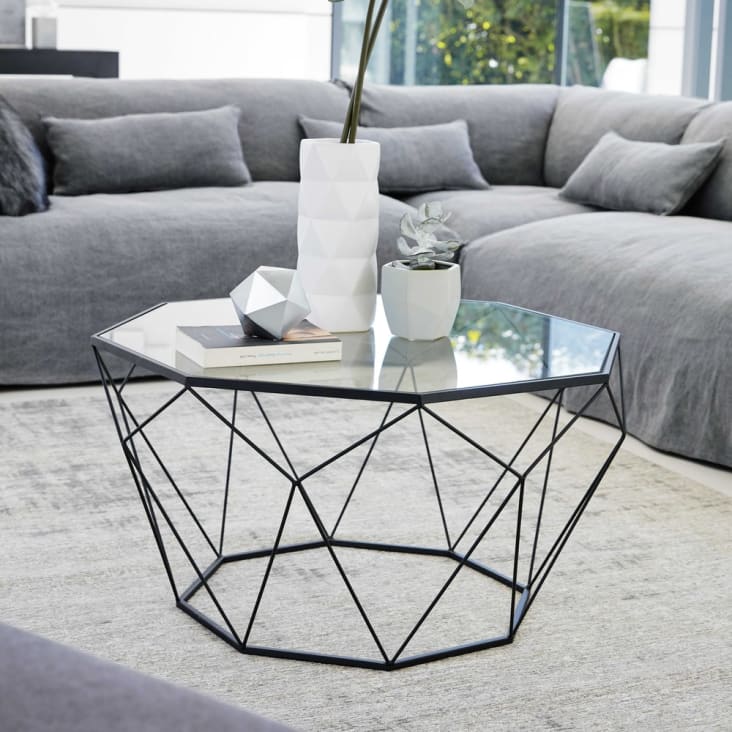 Maisons du Monde Blossom - Mesa baja de vidrio templado y metal negro Outlet online