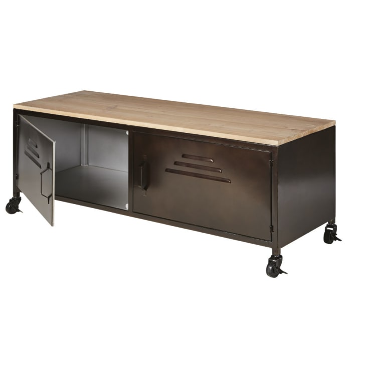 Maisons du Monde Wayne - Mueble de TV industrial con ruedas 2 puertas de metal y abeto Oferta exclusiva