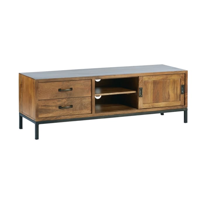 Maisons du Monde Hipster - Mueble de TV con 1 puerta y 2 cajones de mango macizo y metal negro Rebajas