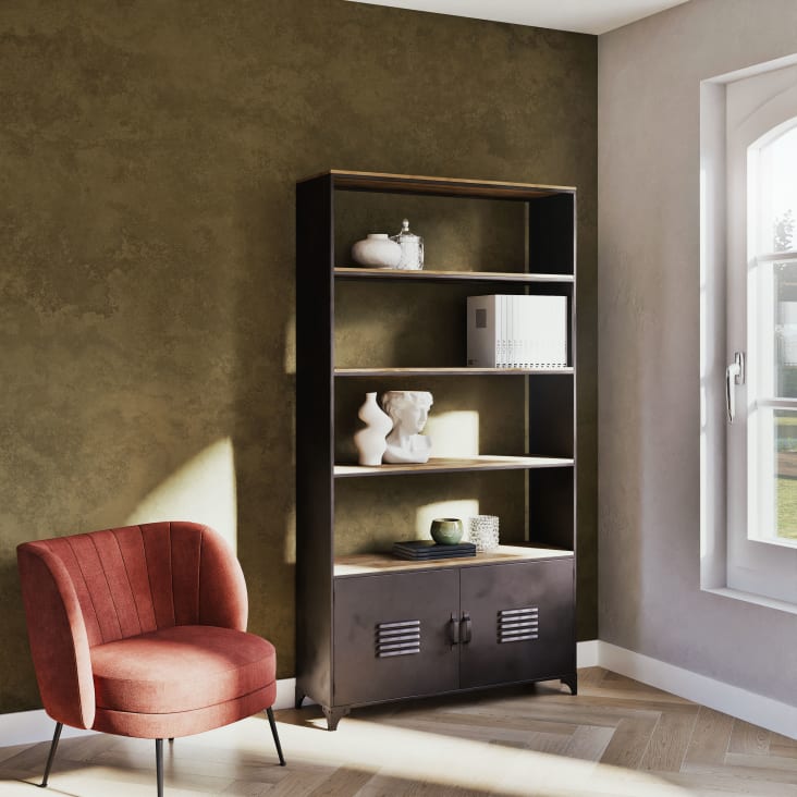 Maisons du Monde Wayne - Biblioteca con 2 puertas grises de metal y mango macizo Rebajas online