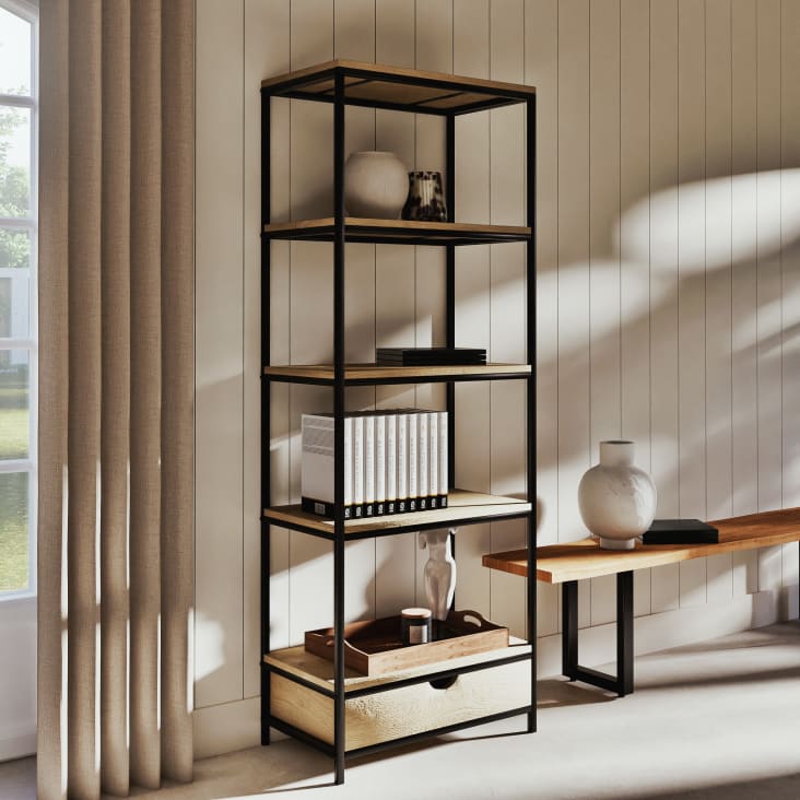 Maisons du Monde Long Island - Estantería industrial con 1 cajón de abeto macizo y metal Precios de Black Friday