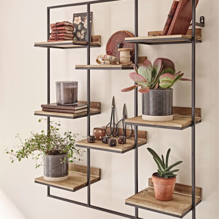 Maisons du Monde ROGER - Estantería de pared de madera de abeto y metal negro Oferta exclusiva