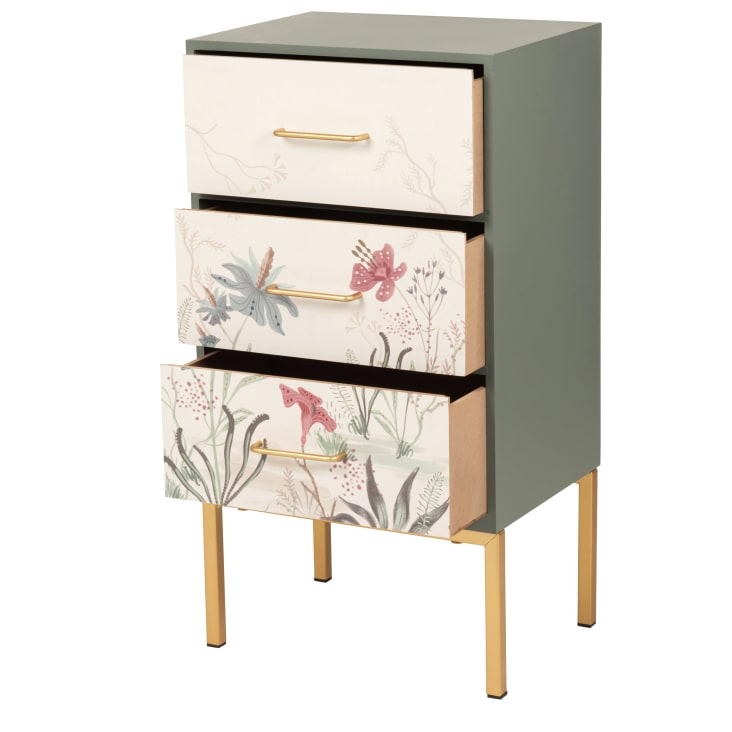 Maisons du Monde Pequeño mueble de almacenamiento de 3 cajones con flores verde y beige Ventas relámpago